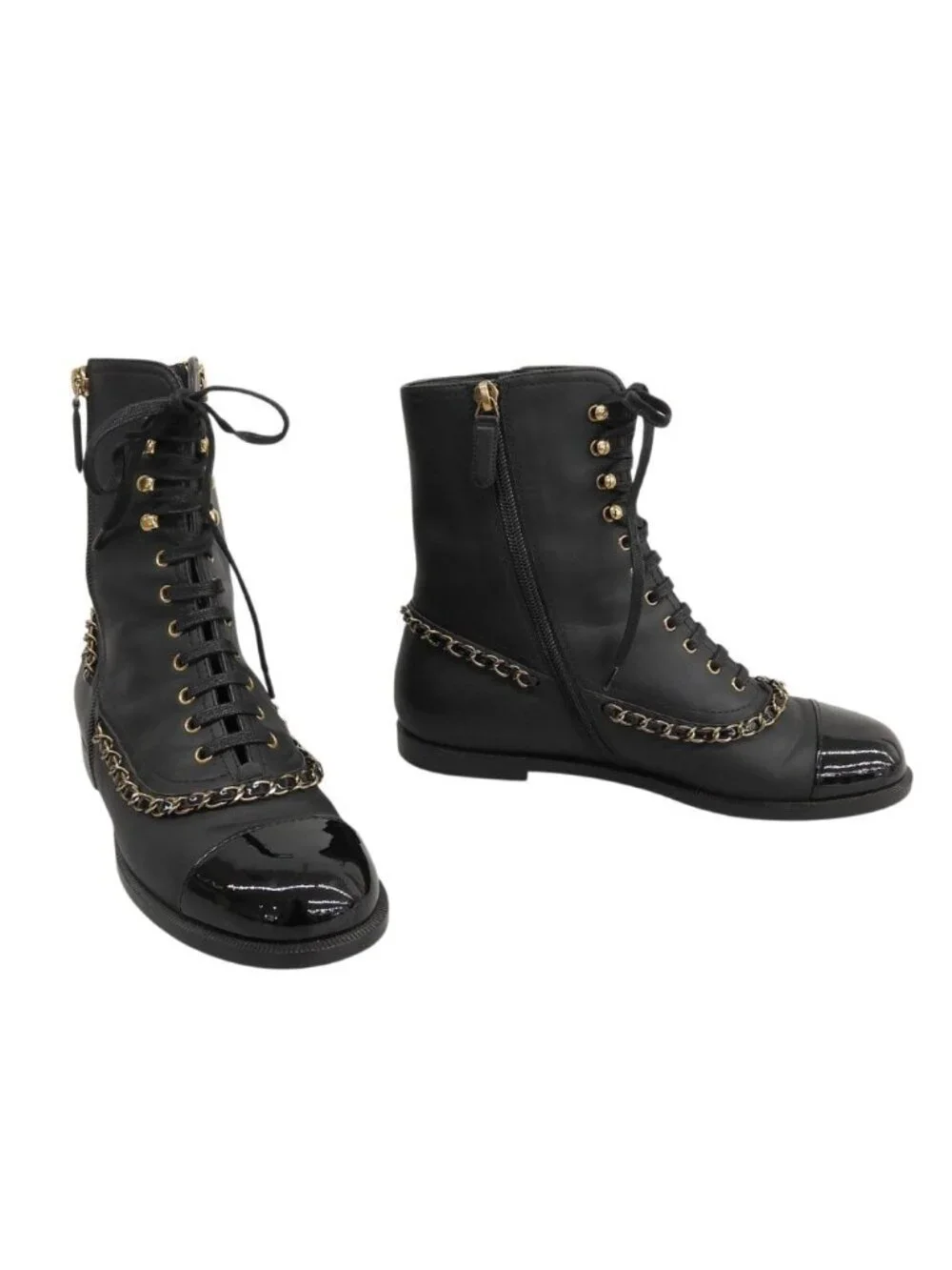 Chanel CC Logo Leather Short Boots Chain Double Zip Lace Up 37 Black